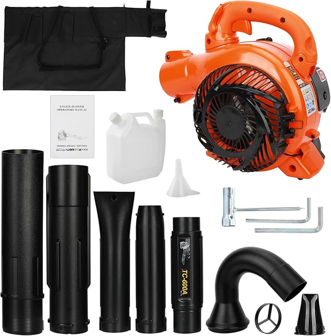 Gas Leaf Blower 26CC 2-Stroke 0.7KW Handheld Leaf Blower 424 CFM Gas Powered Leaf Blowers with Straight &amp Curved Pipe for Lawn Care Snow and Debris Cleaning(Orange)