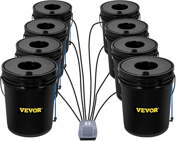 VEVOR DWC Hydroponic System 5 Gallon 8 Buckets Deep Water Culture Growing Bucket Hydroponics Grow Kit with Pump Air Stone and Water Level Device for Indoor/Outdoor Leafy Vegetables