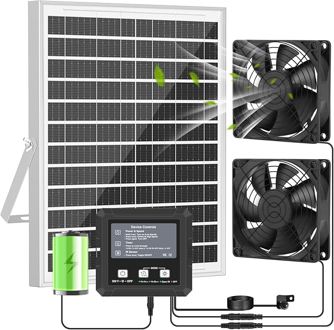 25W Solar Exhaust Fan with Battery Solar Powered Fan for Shed &amp Greenhouse 3 Modes Controller (Continuous/Timer/Motion Sensor) For Intake or Exhaust Vent Cooling for Chicken Coop Dog House