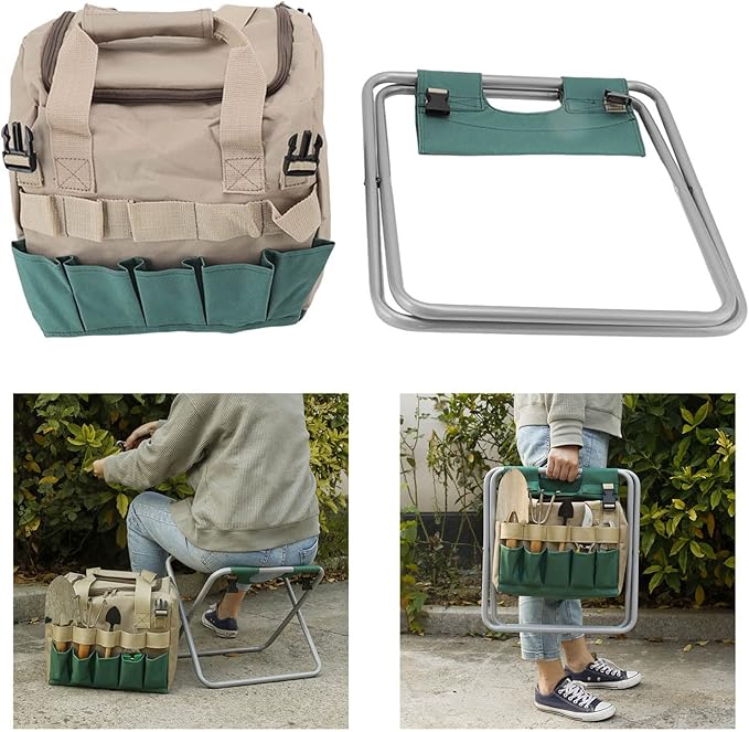 Garden Folding Stool Foldable Multipurpose Large Capacity Chair with Tools Storage Bag for Greenhouse Fishing Camping Travel