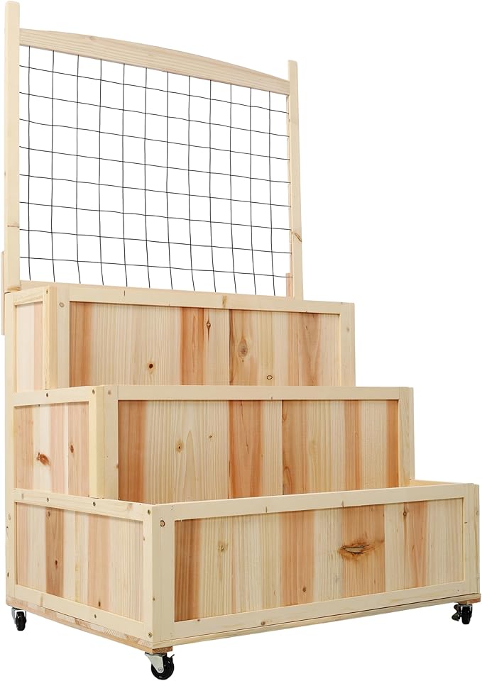 3 Tiers Raised Garden Bed with Trellis 53 H Vertical Planter Box with Wheels Back Storage Area for Flowers Vegetables Herbs Natural