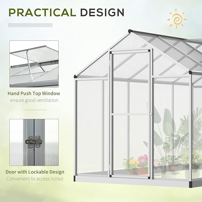Outsunny 10' x 6' Greenhouse for Outdoors Polycarbonate Greenhouse with Rain Gutter and Roof Vent Aluminum Walk-in Green Houses for Outside Patio Backyard Garden