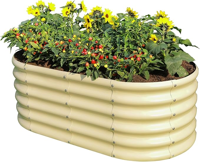 Land Guard 18“ Tall Outdoor Metal Raised Garden Bed Oval Deep Root Planter Box for Vegetables Flowers Herbs 89 Gallon Capacity - Cream Yellow