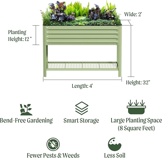 Elevated Raised Garden Bed-V Series 2' x 4' Garden Beds with Legs &amp Storage Rack for Patio Porch 700 Lbs Weight Capacity Outdoor Planter Boxes for Gardening Herbs Vegetables Flowers Olive Gree