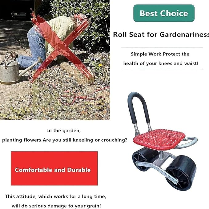 Garden Cart Rolling Scooter Garden Stool with Folding Backrest Adjustable Height 360 Degree Swivel Outdoor Work Seat for Weeding/Gardening/Lawn Care