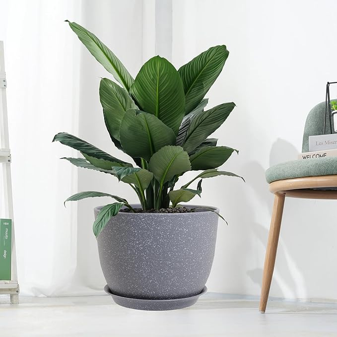 12/10/9 Large Modern Plant Pots Plastic Planters with Drainage Holes and Saucers for Indoor Outdoor Plants Flowers Grey Speckles