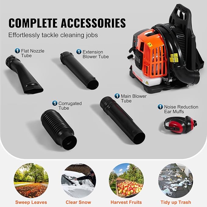 VEVOR Backpack Leaf Blower 52CC 2-Cycle Leaf Blower with 1.37L Fuel Tank 480CFM Air Volume 175MPH Speed Ideal for Lawn Care Leaf Cleaning and Snow Removal
