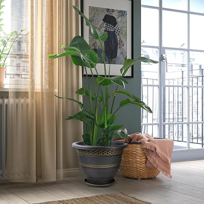 4 Pack 16 Inch Large Plant Pots Plastic Flower Pot for Indoor &amp Outdoor with Drainage Holes &amp Saucer Plaid Pattern Planters Garden Pots for Herbs Gold