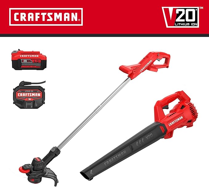 CRAFTSMAN V20 Cordless String Trimmer/Edger and Leaf Blower Combo with 4.0 Ah Battery and Charger Wide Cut Weedwacker 90 MPH Blower Lightweight (CMCK279M1)