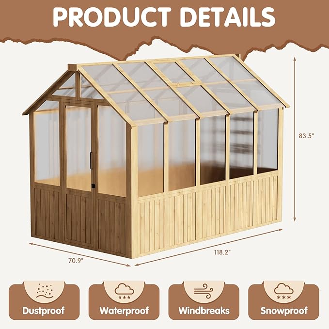 EBE 6'x10' Greenhouse for Outdoor Wooden Walk-in Greenhouse with Polycarbonate Panel and Adjustable Roof Vent Garden Greenhouses for Patio Yard and Backyard