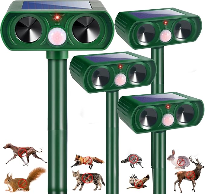 4 Pack 2025 Solar Ultrasonic Repellent Outdoor Cat Deterrent Squirrel Rabbit Deer Repellent Devices Skunk Repellent for Yard Motion Detection Animal Deterrent for Dog Racoon Rodent Mole
