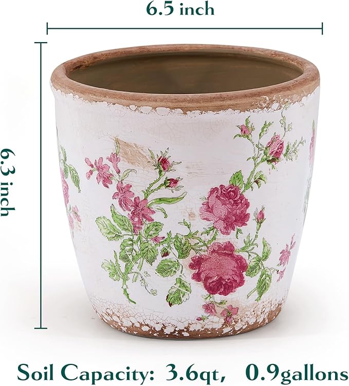 Vintage Ceramic Planter with Drainage Hole Plastic Tray &amp Mesh 6.5 Inch - Indoor/Outdoor Flower Pot Pink Floral Rustic Farmhouse Design Plant pot for Home Office &amp Garden Décor Ideal Gift
