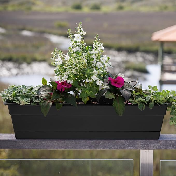 Bloem Dura Cotta 18 Black Resin Rectangle Window Box Planter with Saucer Tray for Indoor and Outdoor Gardening