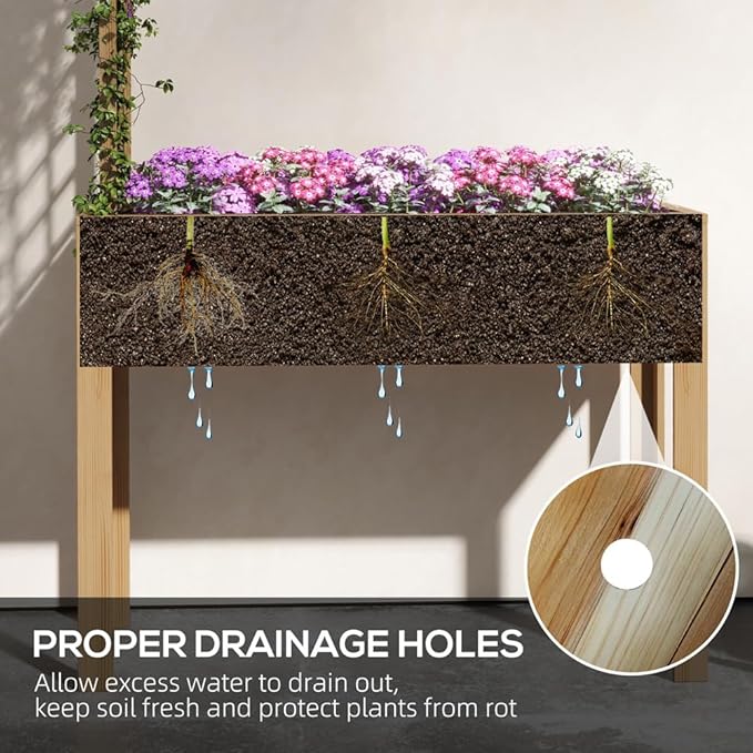 Raised Garden Bed with Trellis for Climbing Plants Elevated Wood Planter with Drainage Holes Filter and Legs for Vegetable Flowers Natural