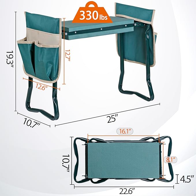 Folding Garden Kneeler Bench Heavy Duty Garden Stool Kneeling Pad Bench Seat for Kneeling to Prevent Knee Pain Lightweight Portable Gardening Supplies with Extra Tool Pouches EVA Foam Pad