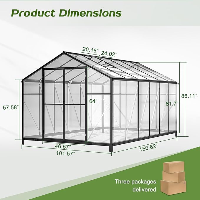 8.4x12.5 FT Greenhouse for OutdoorsPolycarbonate Greenhouse with 2 Swing Doors Large Winter Proof Walk-in Green House Aluminum Frame greenhouses for Outdoors Heavy DutyBlack