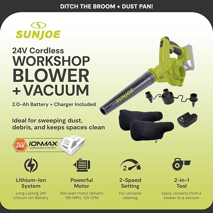 Sun Joe 24V IONMAX Work Shop Blower and Vacuum Battery Charger 24V-WSB-LTE