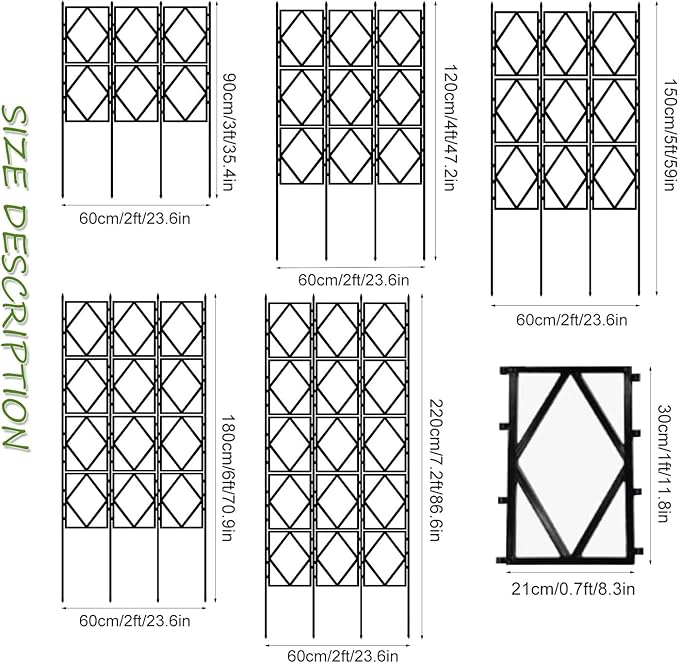Garden Trellis for Climbing Plants Black Metal Flower Rose Stand Plant Support Frame Folding Outdoor Screen Trellis(60CMx180CM(2FTx6FT))