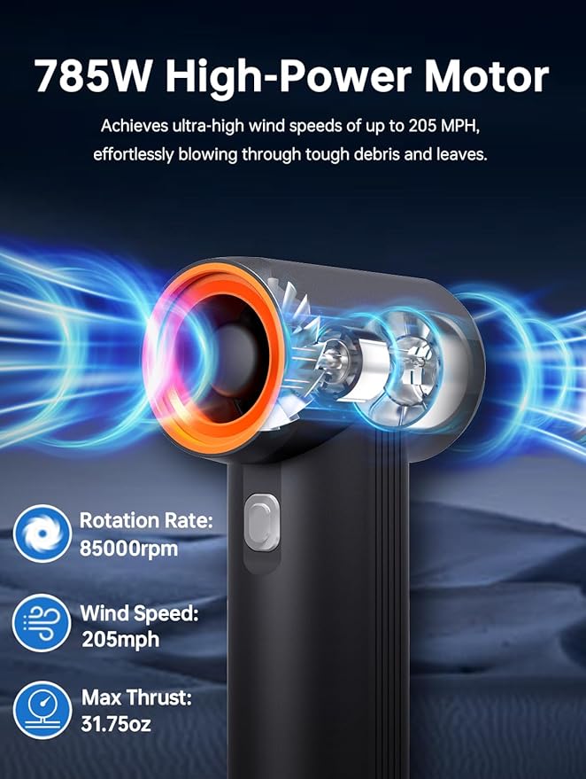 KiCA Car Dryer Air Blower - Maximum Power 785W &amp 205MPH Wind Speed 54W Fast Charging 6 x 4000mAh Batteries Powerful Turbo Dryer for Car Drying Lawn Care &amp Patio Cleaning - Jet Fan MAX