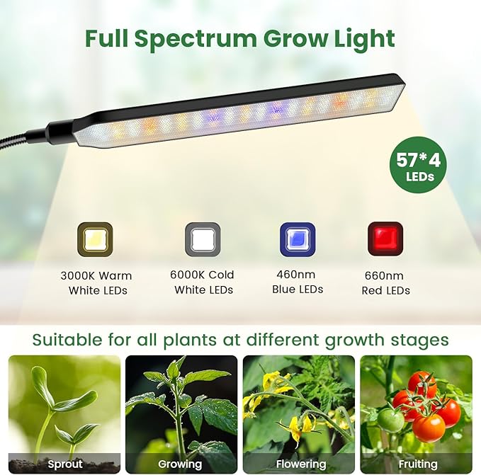 Grow Lights for Indoor Plants with Stand 4-Heads Full Specturm Plant Grow Light with 4/8/12/16H Timer 3 Color Modes 360° Flexible Gooseneck 24-68.7in Hight Adjustable Grow Lamp Black