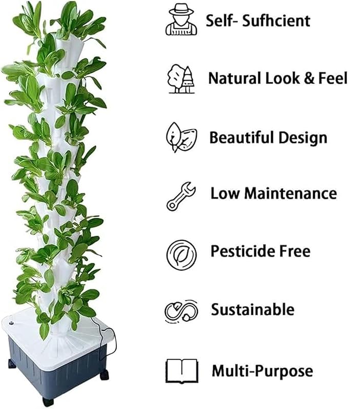 Vertical Grow Tower Hydroponics Growing System for Indoor Outdoor Garden Soilless Cultivation Growing System with Water Pump Nest Basket Sponge 8 Layers//1pc