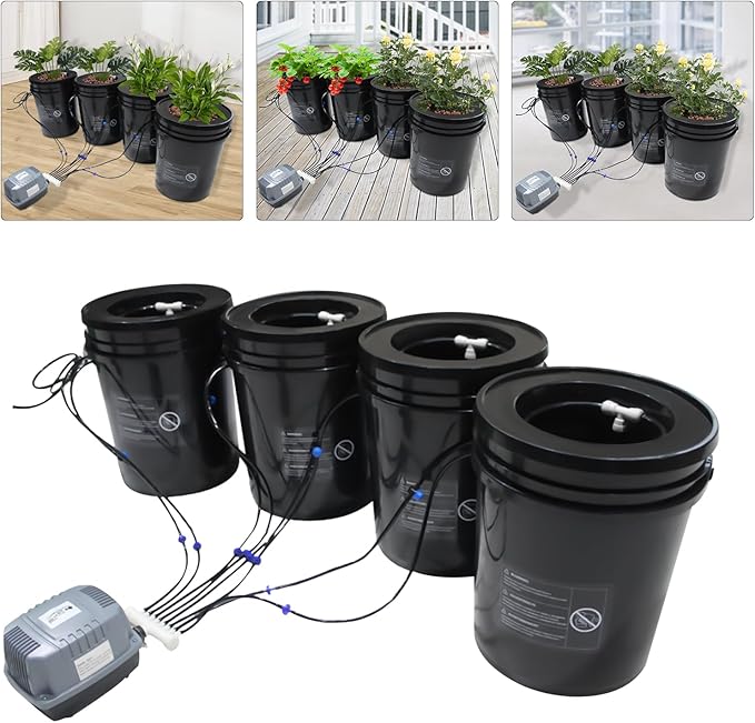 DWC Hydroponics Growing System 5-Gallon Deep Water Culture Recirculating Drip Garden System with Multi-Purpose Air Hose Air Pump and Air Stone (4 Bucket + Reservoir Kit)