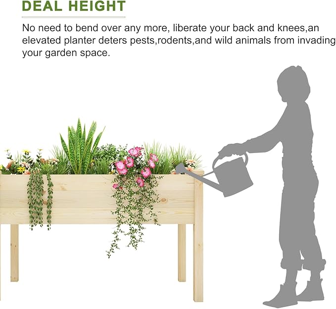 BIRASIL Outdoor Raised Garden Bed Wood Planter Box for Vegetable Flower Elevated Reinforced Large Garden Planters Boxes for Backyard Patio Gardening Balcony (48.5”L Natural Wood)