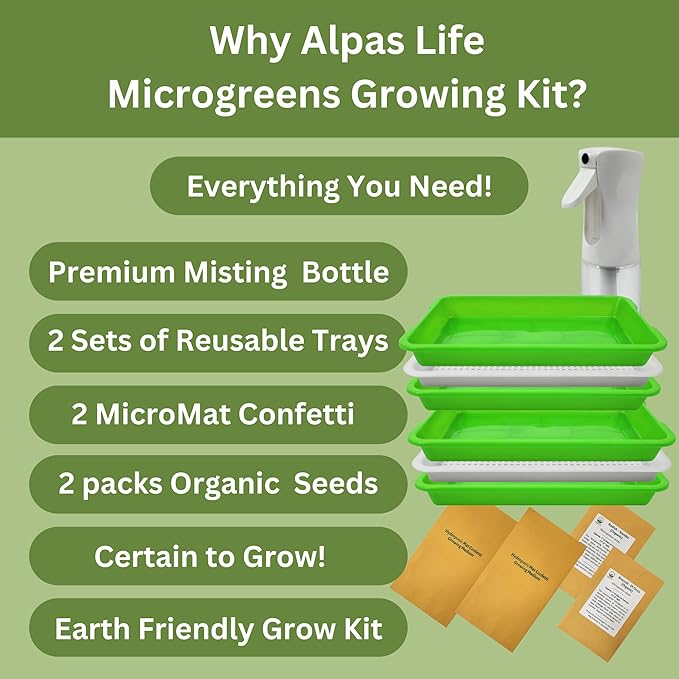 Complete Home Microgreens Kit - Indoor Garden System - Includes 2 Sets of Reusable Trays Spray Mister 2 pkgs of Hydroponic Growing Medium Organic Radish and Broccoli Seeds