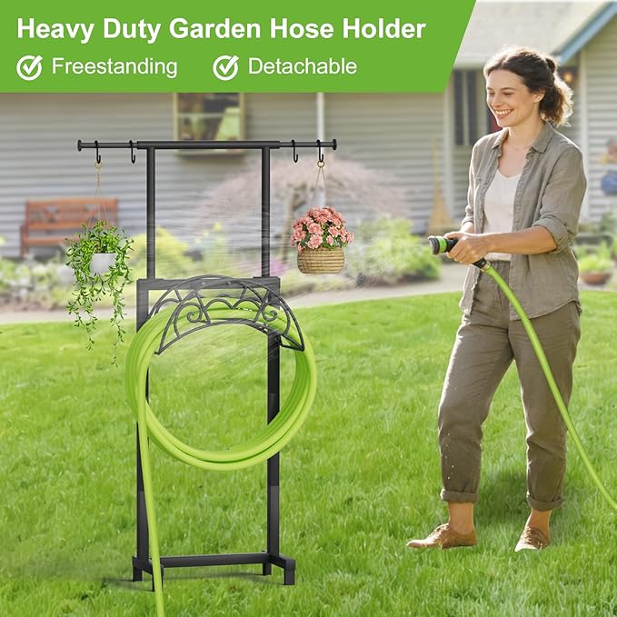 Garden Hose Holder with Telescopic Pole Upgraded Heavy Duty Hose Stand Holds 150ft with 4 Spikes Freestanding Metal Hose Storage and Hanger for Outside Yard Lawn Farm Black