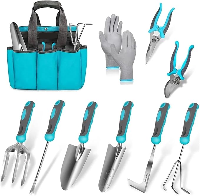 Gardening Tools Set 10 Piece Heavy Duty Stainless Steel Garden Tools Set with Ergonomic Rubber Handle Variety of Gardening Hand Tool