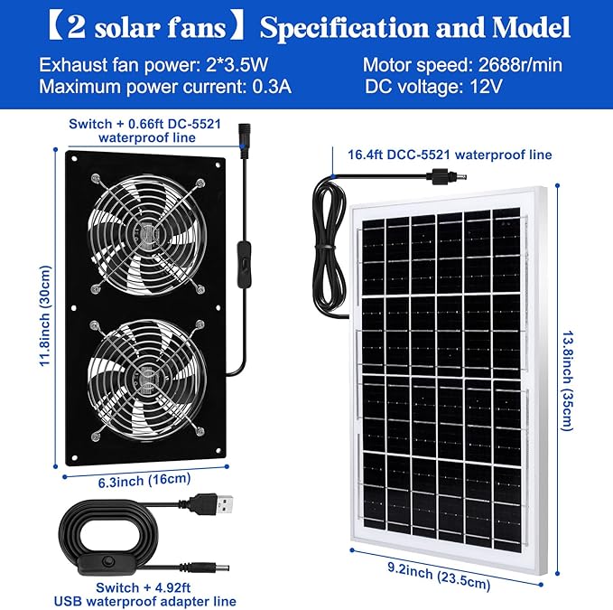 Solar Exhaust Fans &amp Powered Fan with 15W Panel &amp 2-Pack High-Speed Brushless DC FansSolar Ventilation Fan for Greenhouses Chicken Coops Attics Barns Sheds &amp Dog Houses