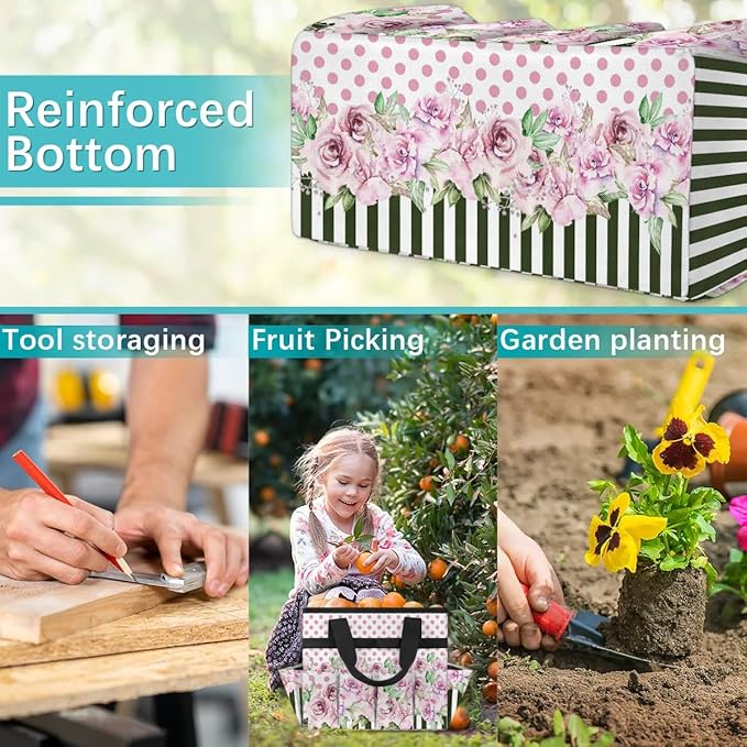 Garden Tool BagFloral Rose Flower Polka Dot Stripe Gardening Organizer Bag With Pockets Garden Tool Kit Storage Tote for Women Men Garden Tool Set Holder