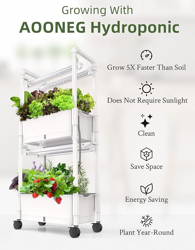 Hydroponics Growing SystemAOONEG 28Pods Indoor Herb Garden with LED Grow LightHydroponics Growing System Kit with Automatic TimerPump SystemAdjustable Height (No SeedGlossy White 2Layer-28Pods)