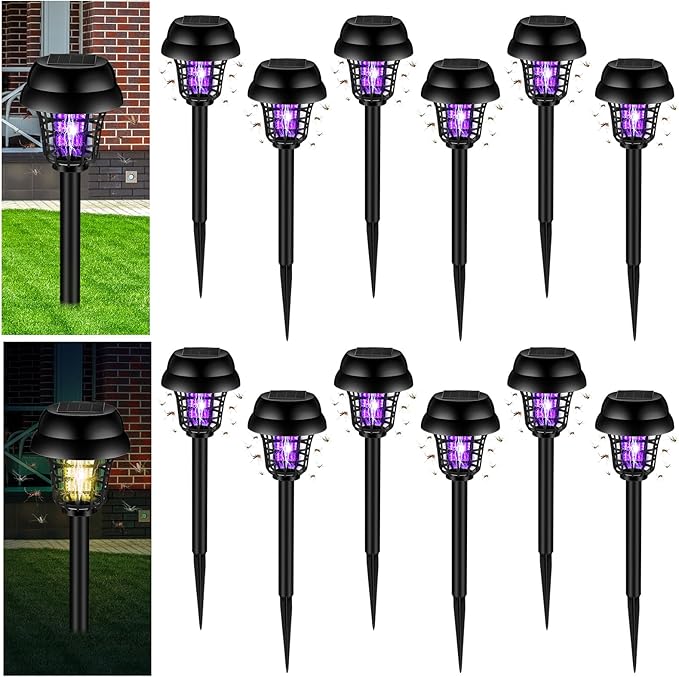 Qualirey 12 Pcs Solar Bug Zapper Outdoor Waterproof Solar Mosquito Zapper Outdoor Solar Powered Mosquito Killer Lamp Mosquito Repellent Lamp for Patio Yard Garden Insect (Purple Light Warm Light)