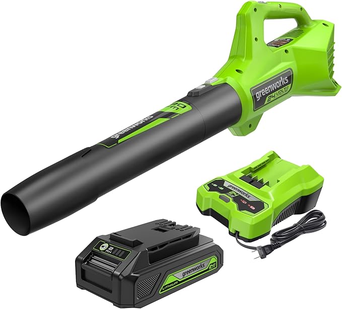 Greenworks 24V (90 MPH / 320 CFM / 200+ Compatible Tools) Cordless Axial Leaf Blower 2.0Ah Battery and Charger Included