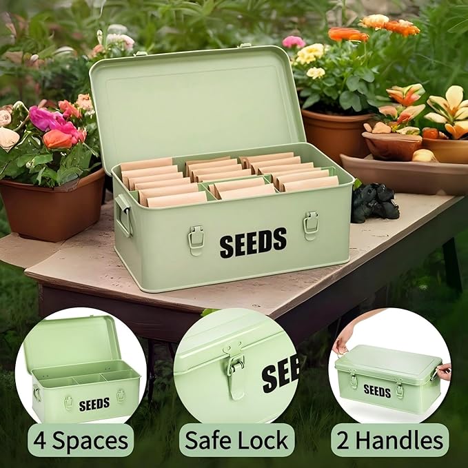 Seed Storage Organizer Box with 4 Compartments Large Metal Seed Packet Container with Lid &amp Safety Locks Garden Seed Bin for Saving Seeds with 50 Plant Labels 20 Envelopes