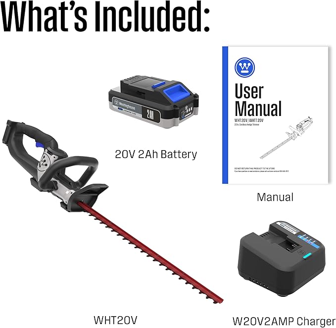 Westinghouse 20V Cordless Hedge Trimmer 22 Inch Dual-Action Steel Blades 2.0Ah Battery and Charger Included