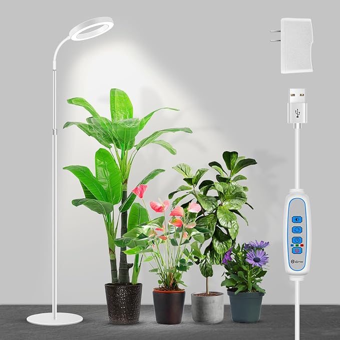Garpsen Grow Light Full Spectrum LED Plant Lights with Stand 3 Color Modes Floor Grow Lamp with Timer 6/12/16H 5 Dimmable Levels 67'' Adjustable Height for Indoor Large Plants(White)