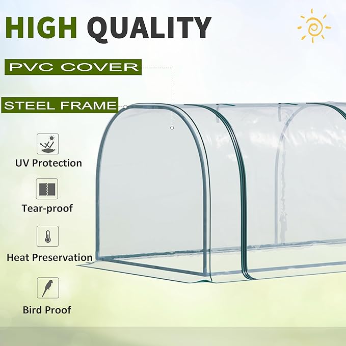 Outsunny 11' x 3' x 2.5' Mini Greenhouse Portable Tunnel Green House with Roll-Up Zippered Doors UV Waterproof Cover Steel Frame Clear