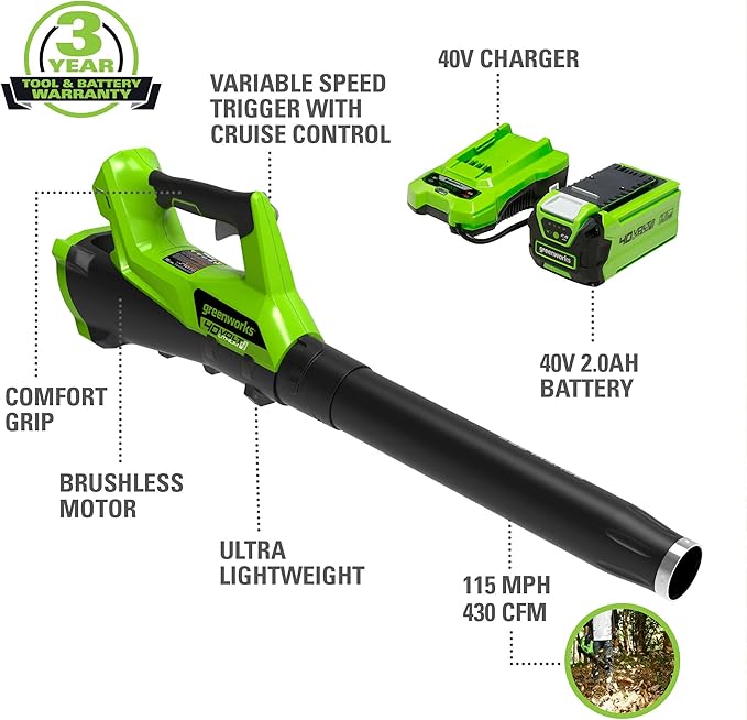 Greenworks 40V (115 MPH / 430 CFM) Brushless Axial Leaf Blower 2.0Ah Battery and Charger Included