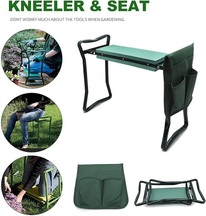 HongK- Outdoor Green Garden Kneeler Benches Seat w/EVA Folding Portable Bench Kneeling Pad and Tool Pouch Protection Body Knees Clothes from Dirt &amp Grass Stains [P/N: ET-TOOL039-GREEN]