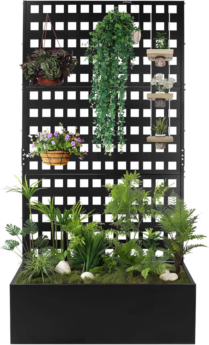 Metal Planter Box with TrellisRaised Garden Bed with35''Lx18''Wx71''Hfor Climbing PlantsVegetables &amp VinesPlanter with Trellis &ampDrainage Holes Privacy Planters (35''Lx18''Wx71''H)