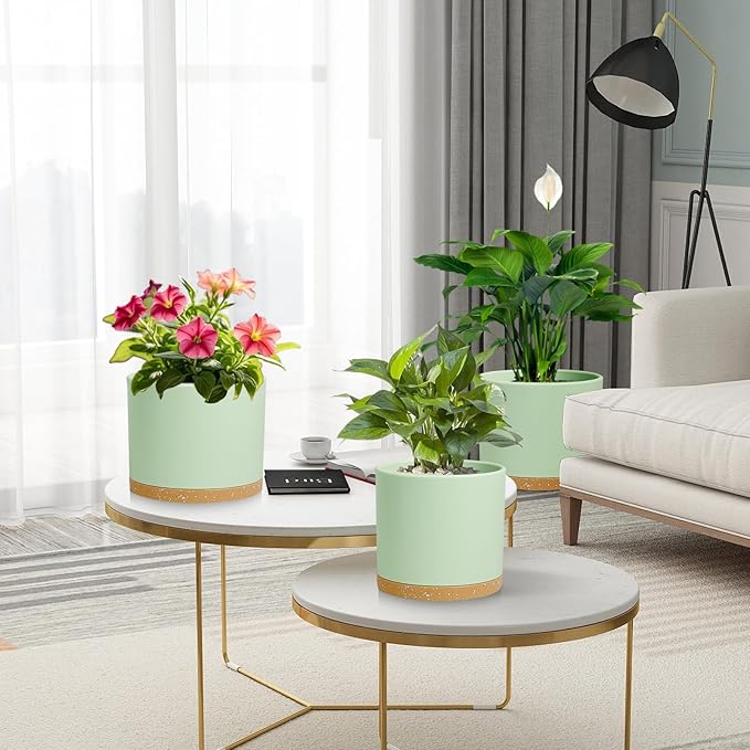 Large Plant Pots Set of 3 – 8 9 10 Indoor Flower Pots with Drainage Holes and Saucers Big Planters for Monstera Fiddle Leaf Fig Snake Plant – 5 Colors