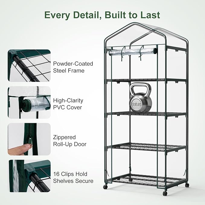 NEWBULIG Mini Greenhouse for Outdoors 4-Tier Portable Green House with Wheels and Clear PVC Cover All-Weather Plant House for Outside and Indoor27.17 x 19.29 x 65.35 Inches