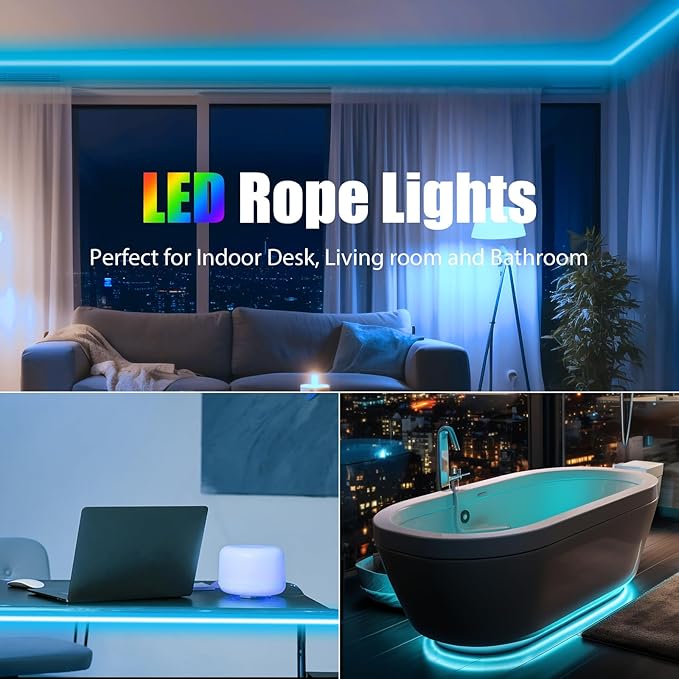 32.8ft RGB Neon Rope Light with Remote - Dimmable Waterproof LED Strip Lights for Indoor &amp Outdoor Premium Expandable Lighting to Create Vibrant Atmosphere in Bedroom KTV Bar Decor - ETL Certif