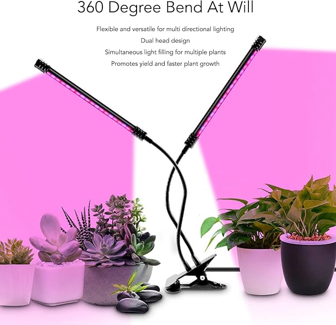 Plant Grow Light 30W USB Powered Dual Head Clip On Full Dimmable with Timing - Energy Efficient Flexible Angle Ideal for Indoor Plants