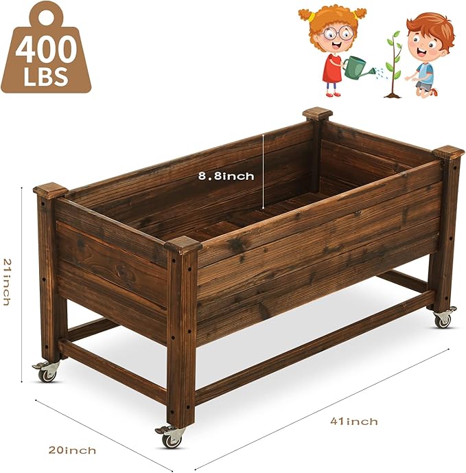 Raised Garden Bed 41x21x20-inch Mobile Elevated Wood Planter Lockable Wheels Outdoor Wood Elevated Planter Box Kit Customized for Children（Brown）