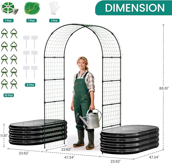 DoCred 3 in 1 Raised Garden Bed with 87in Tall Arch Trellis for Climbing Plants Galvanized Planter Garden Box Outdoor for Gardening Climbing Vegetables Flower Black