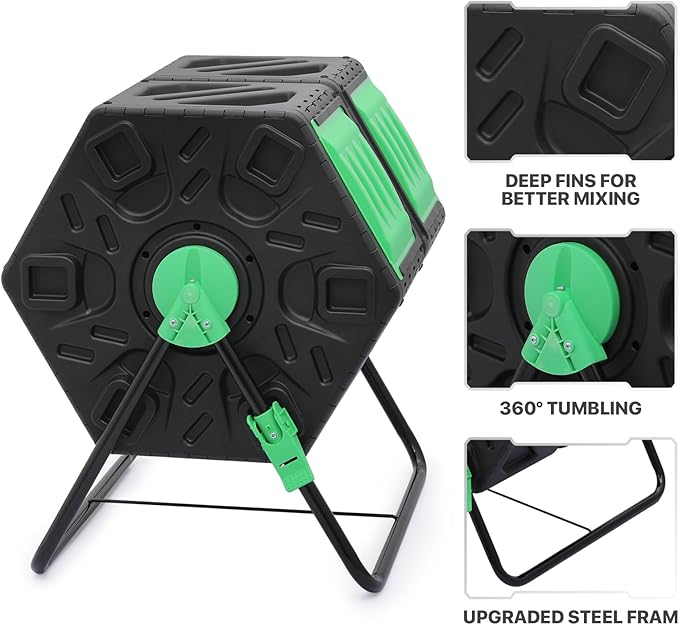 MoNiBloom 34 Gallon Compost Bins Outdoor Dual Chamber Composter Tumbler All-Season Fast Working Tumbling Composter High Volume Composter with 2 Sliding Doors