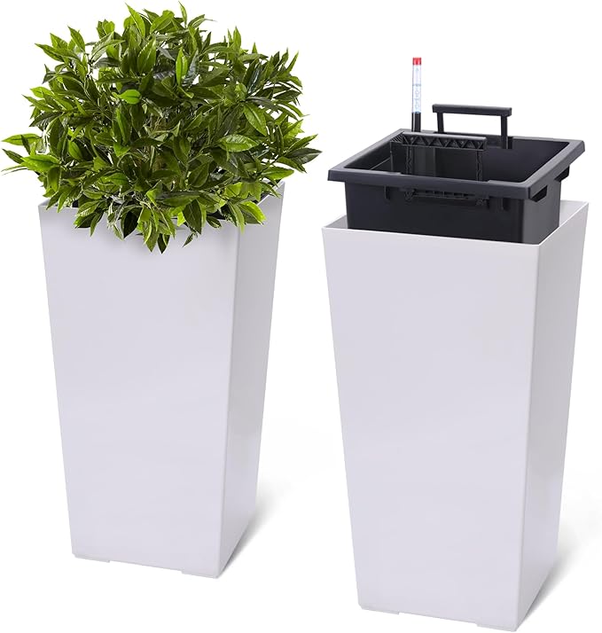 GarveeLife 22.5 in Tall Planters Set of 2 Outdoor＆Indoor Black Planter Pots High Front Porch Planter Pots with Drainage Holes＆Water Level Monitor＆Inner Bucket Automatic Watering White